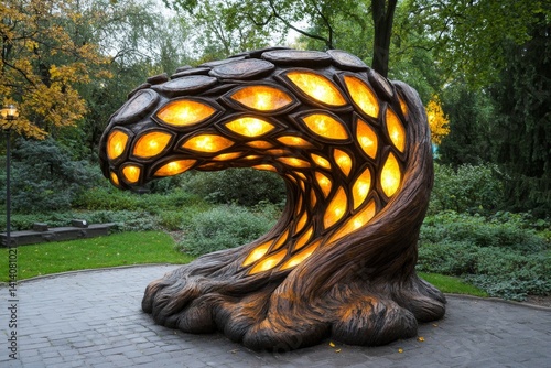 A massive enchanted tree sculpture with glowing runes, pulsating with mysterious energy