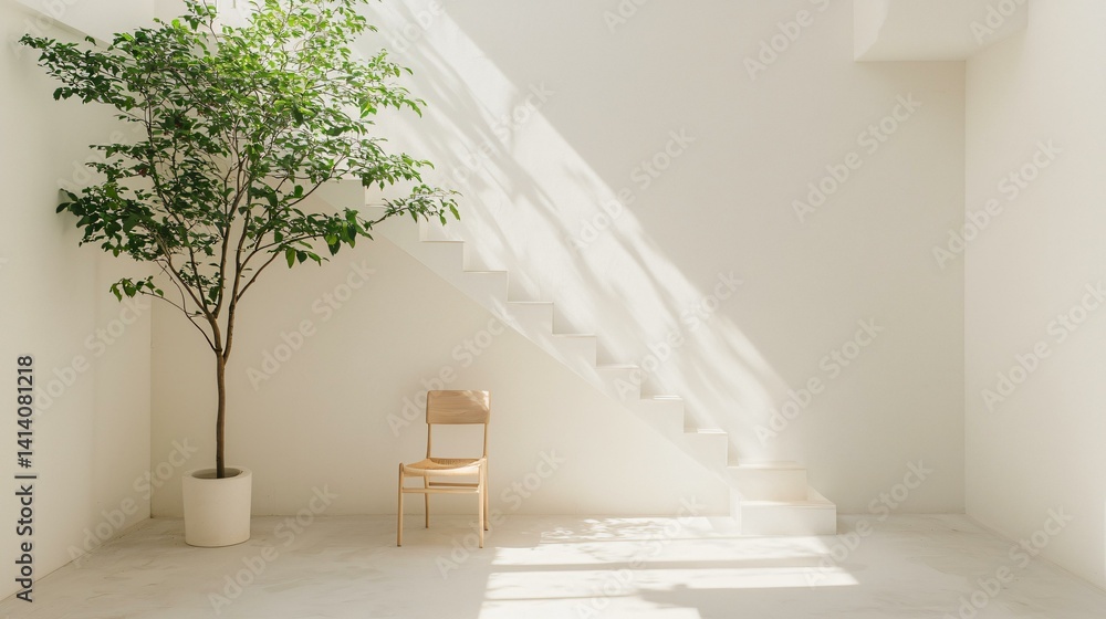 Eco-conscious studio interior featuring upcycled furniture, indoor tree planter, clean storage lines, and optimized cross-ventilation openings for airflow