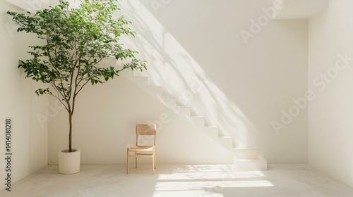 Obraz na płótnie Eco-conscious studio interior featuring upcycled furniture, indoor tree planter, clean storage lines, and optimized cross-ventilation openings for airflow w salonie