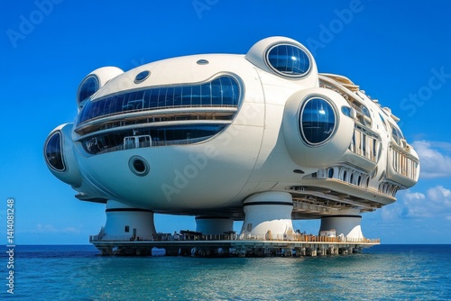 A massive underwater skyscraper emerging from the ocean, with futuristic submarines docking at its base