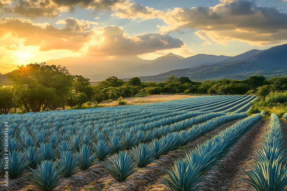 Fototapeta premium Fields of Green and Gold Sunrise Over Agave