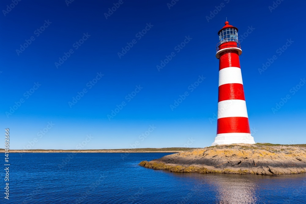 A picturesque red and white striped lighthouse on a small island, surrounded by deep blue waters A picturesque red and white striped lighthouse on a small island, surrounded by deep blue waters