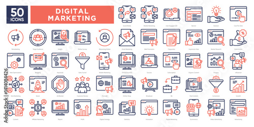 Digital marketing icons collection set, covering SEO, social media, email, analytics, content strategy, and online advertising. Ideal for campaigns, presentations, and marketing materials.