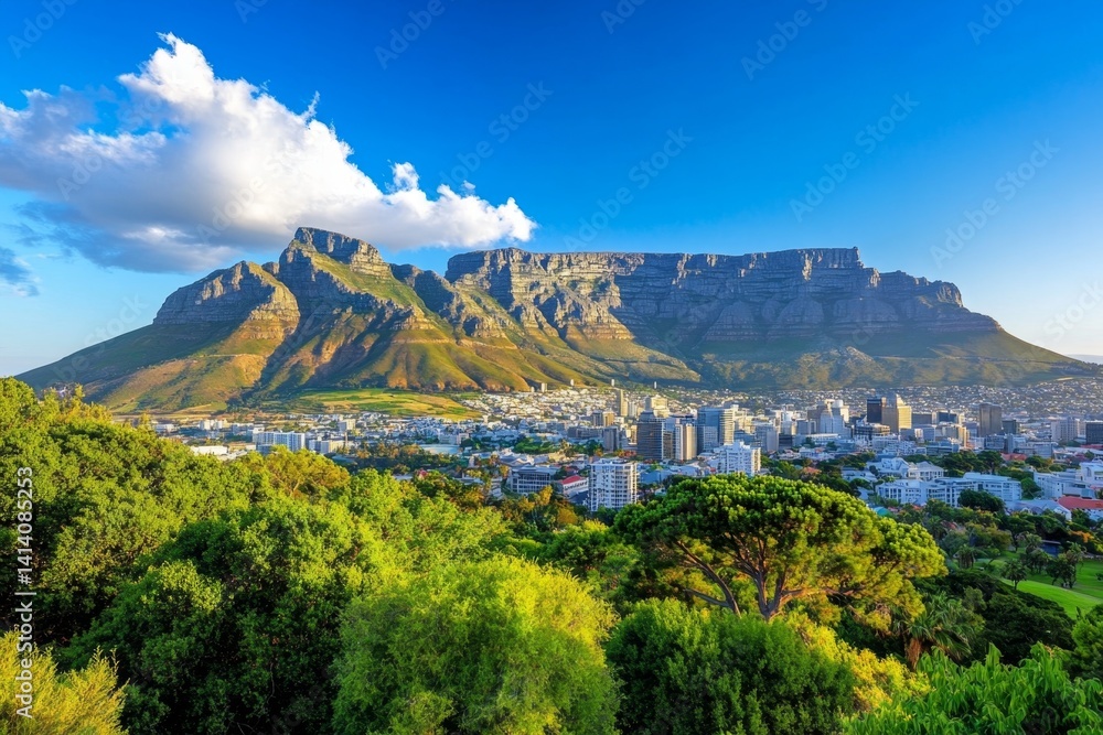Obraz premium A stunning Cape Town cityscape with Table Mountain in the background, illuminated by the setting sun