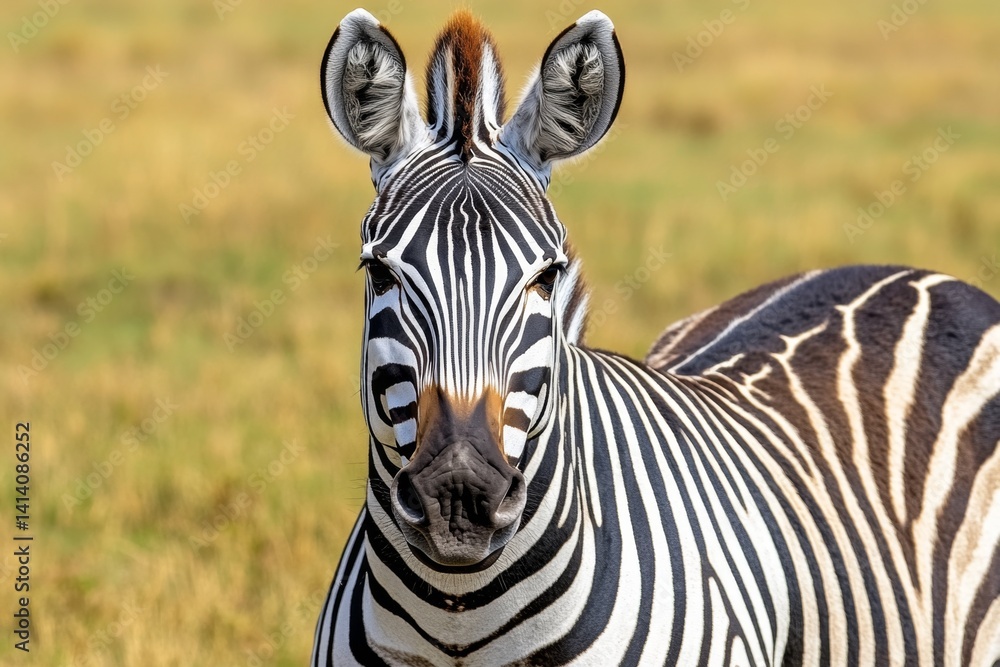 Fototapeta premium A zebra herd grazing in the golden grasslands of Kenya, their black and white stripes creating a stunning pattern