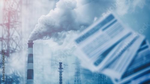 Industrial chimney releasing carbon dioxide emissions with paperwork about environmental regulations, pollution control and climate change policy concepts.