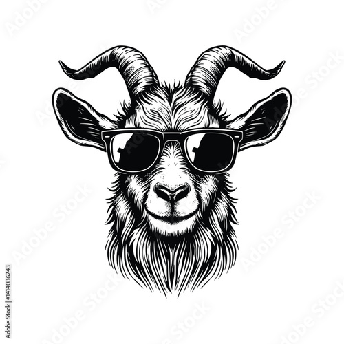 hand drawn goat wearing sunglasses illustration. vintage goat drawing in black and white vector