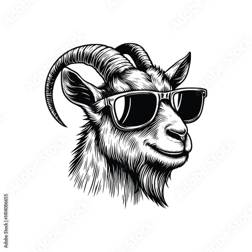 black and white goat vector drawing. illustration of goat wearing sunglasses