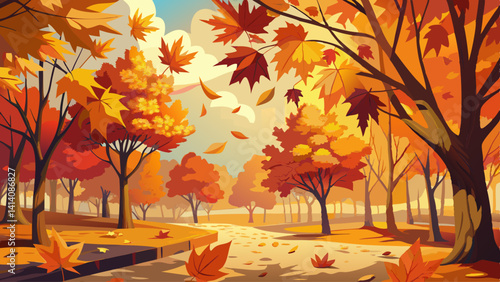 Maple leaves flutter in the breeze, painting the park in warm shades of orange and yellow