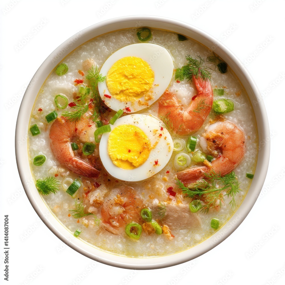A bowl of congee with shrimp and halved eggs isolated on white background A bowl of congee with shrimp and halved eggs isolated on white background