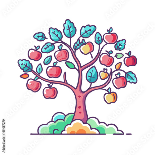 A vibrant illustration of a fruitful apple tree laden with ripe red and yellow apples surrounded by lush green leaves and situated on a colorful grassy ground