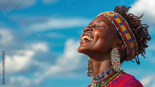 Obraz na płótnie Shot of a beautiful young woman wearing traditional African clothing against a blue background w salonie