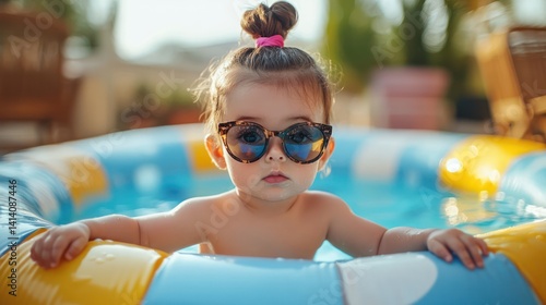 Obraz na płótnie baby girl with a hair bun and sunglasses sitting in an inflatable pool w salonie