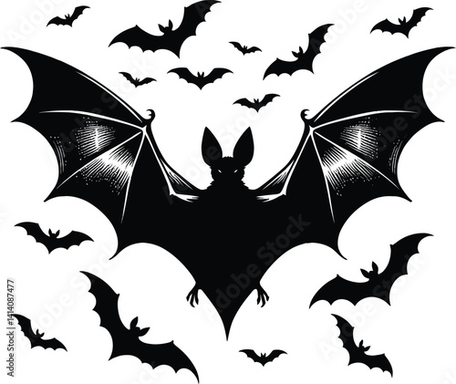 Silhouette of bat on white background illustration 