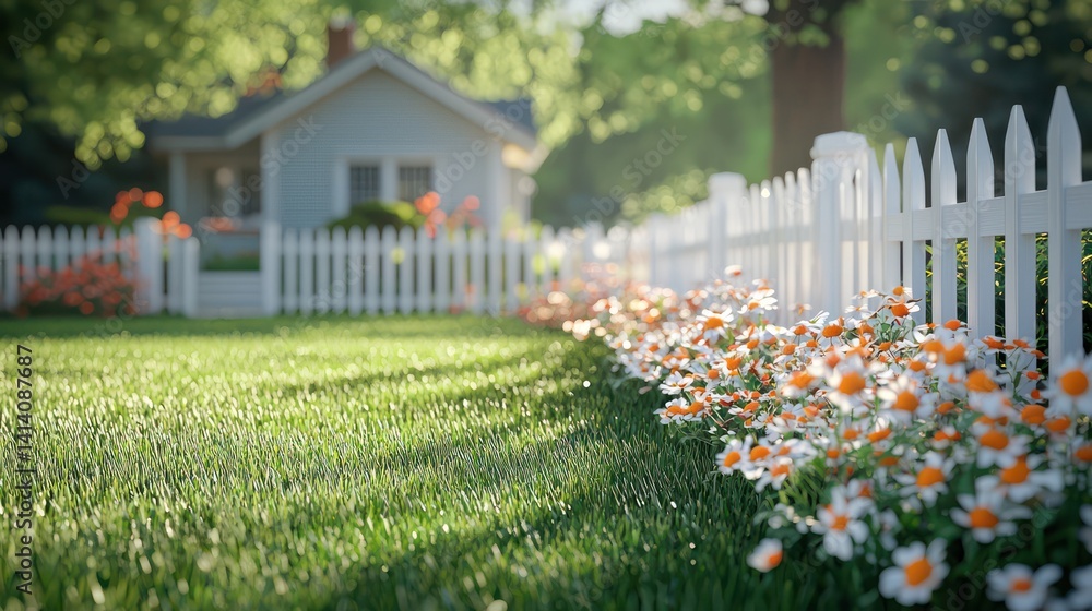 A white vinyl fence surrounds a green backyard with yellow flowers and some plants