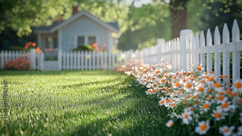 Obraz na płótnie A white vinyl fence surrounds a green backyard with yellow flowers and some plants w salonie