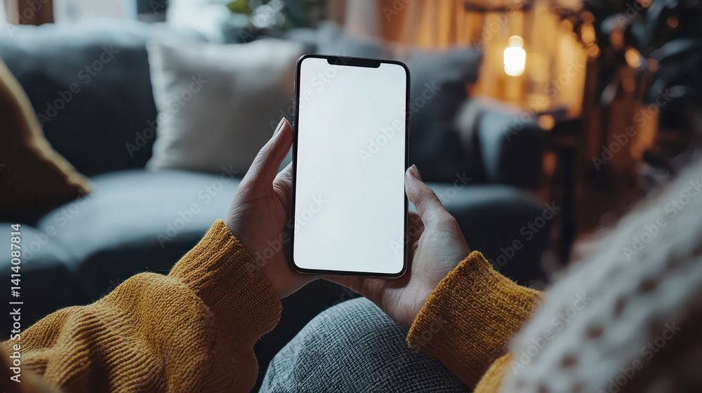 Close up, cropped shot of a woman's hand holding up a smartphone with blank white screen in a cozy and stylish living room interior. Lifestyle and technology.