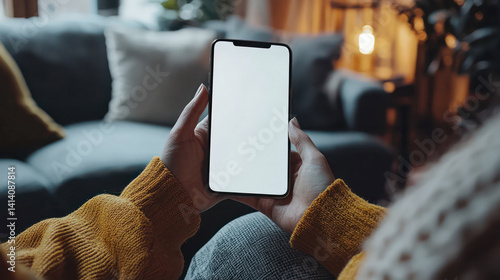 Obraz na płótnie Close up, cropped shot of a woman's hand holding up a smartphone with blank white screen in a cozy and stylish living room interior. Lifestyle and technology. w salonie