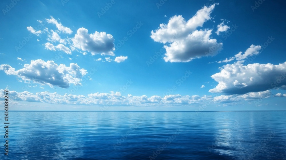 Obraz premium Serene and infinite seascape with harmonious blue sea and sky meeting at the horizon, accompanied by playful clouds, evoking a peaceful natural symphony and calm atmosphere