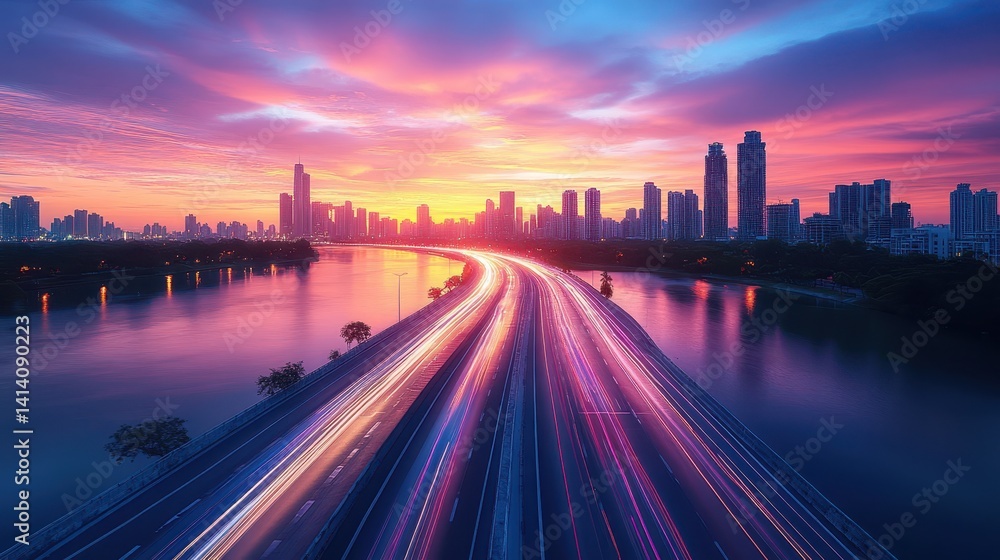 Obraz premium Vibrant cityscape highway at sunset reflecting in tranquil water.