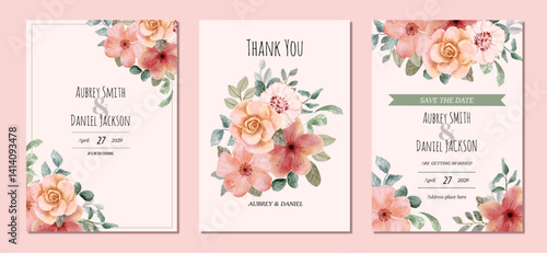 wedding invitation card pink floral watercolor frame