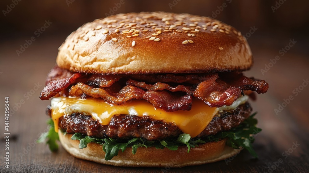 Delicious bacon cheeseburger with a fried egg. Delicious bacon cheeseburger with a fried egg.