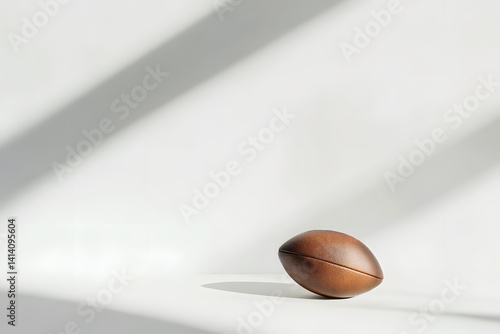 Minimalist composition of single football gently rotated with soft shadows cast on clean white background, captured in studio to highlight shape, clarity, and visual simplicity for modern designs