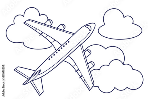 Passenger Plane Gliding Through Clouds Line Drawing