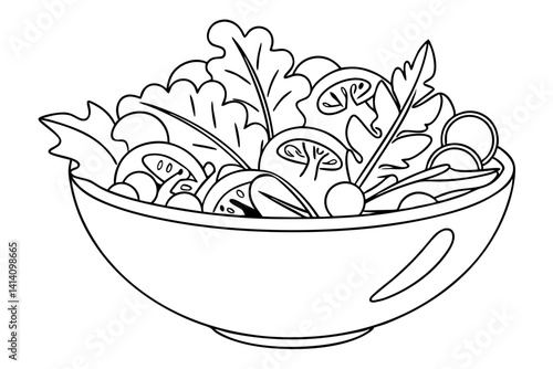 Salad Bowl Filled with Greens Line Drawing