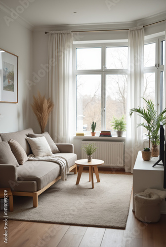 Cozy Scandinavian Living Room with Neutral Tones  Indoor Plants and Soft Natural Light