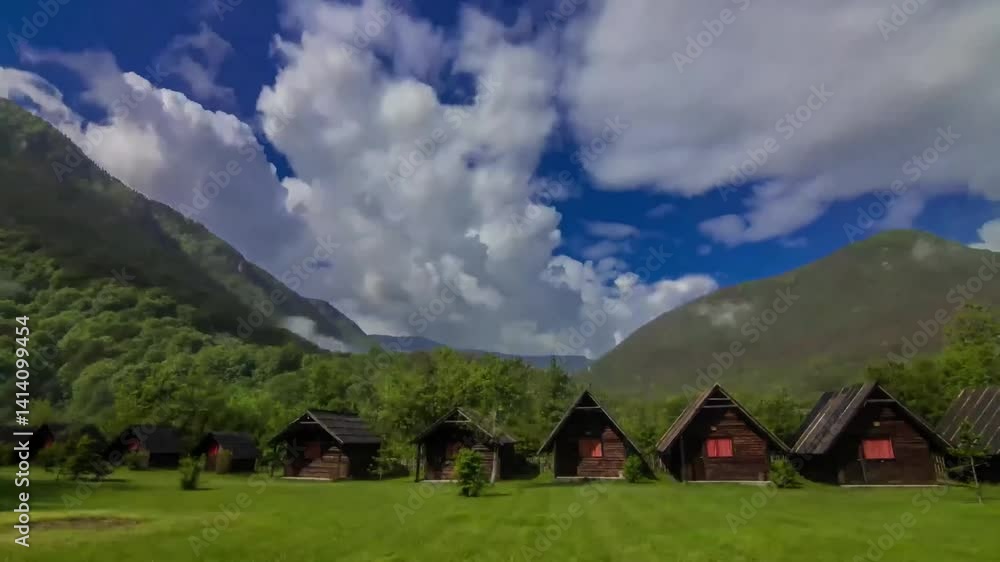 house in the mountains with blue sky and clouds house in the mountains with blue sky and clouds