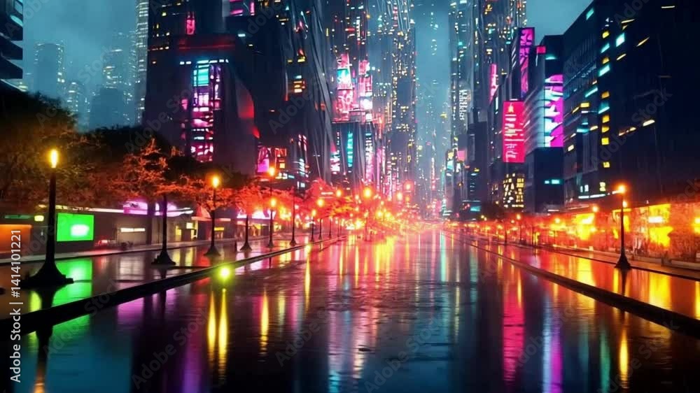 Futuristic cityscape at night with vibrant neon lights reflecting Futuristic cityscape at night with vibrant neon lights reflecting