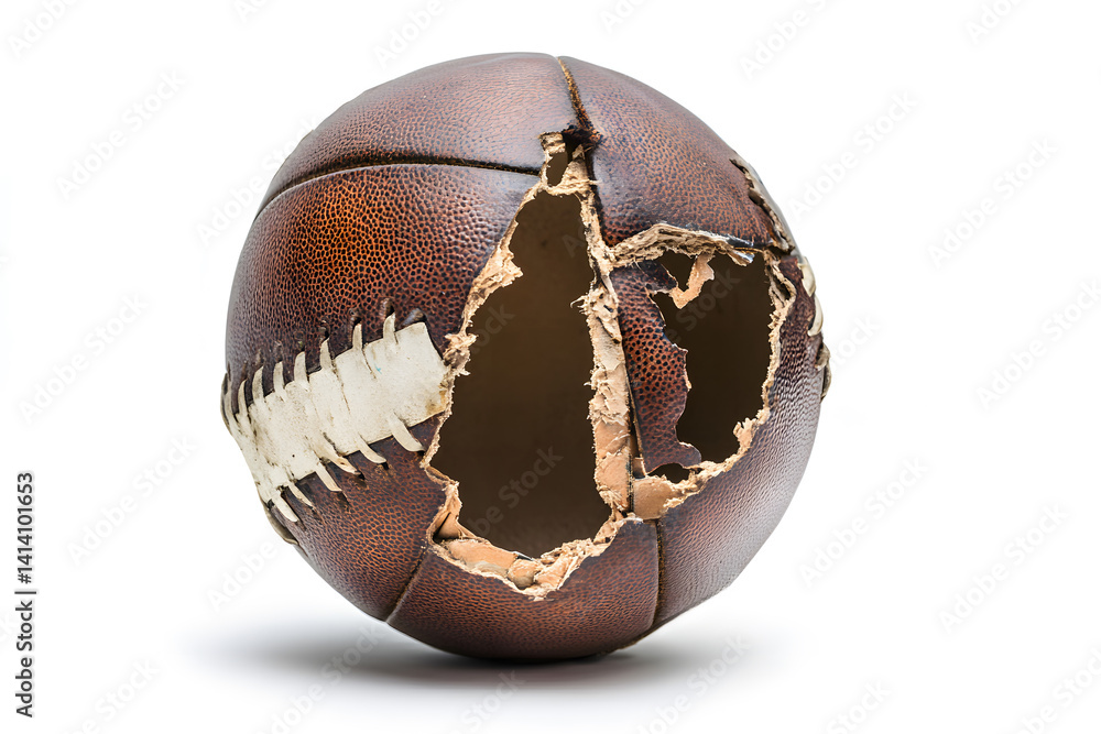 Football split open to reveal internal layers and structural components, captured on white background in studio setting for educational, scientific, or sports training visuals focused product anatomy