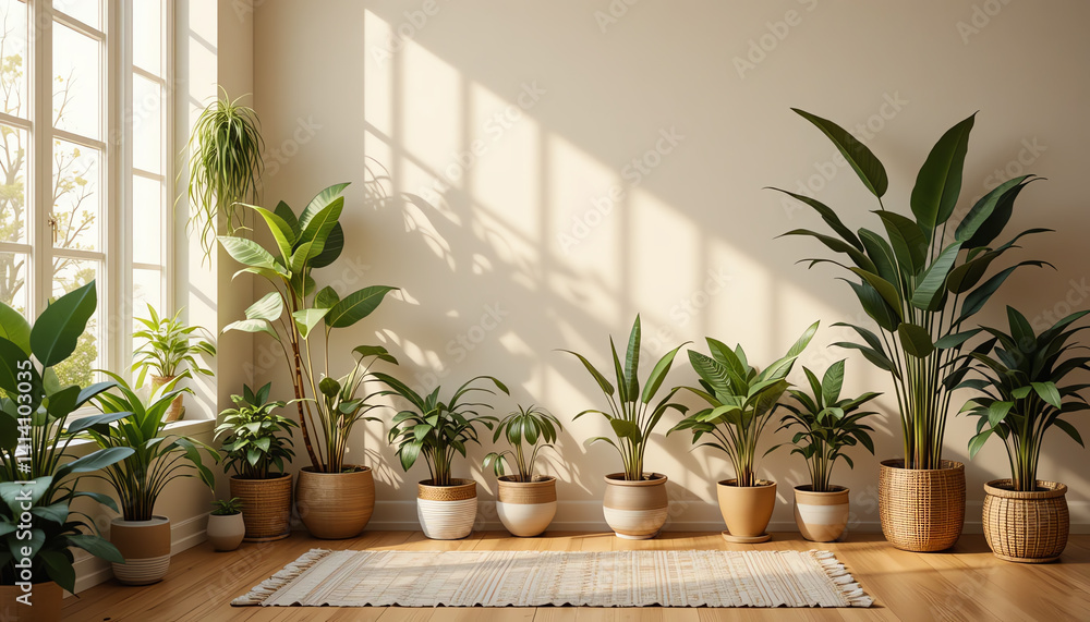 A serene indoor garden featuring a variety of lush green plants in natural pots, casting beautiful shadows against a sunlit wall. A serene indoor garden featuring a variety of lush green plants in natural pots, casting beautiful shadows against a sunlit wall.