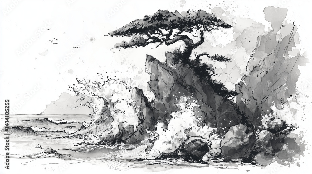 Obraz premium Waves crashing against rocky cliffs with a lone pine tree above - illustration, Sumi-e