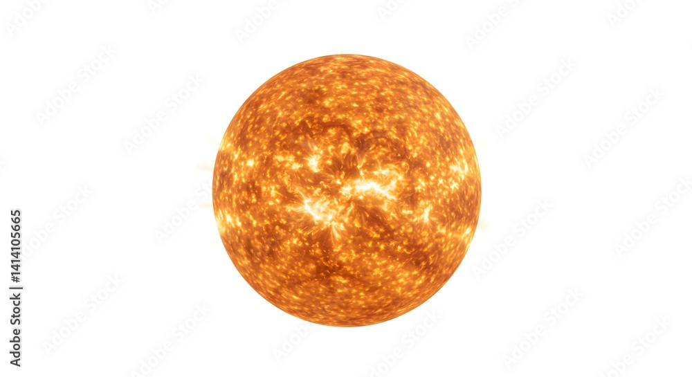 Detailed View of the Sun with Fiery Surface and Solar Flares on White Detailed View of the Sun with Fiery Surface and Solar Flares on White
