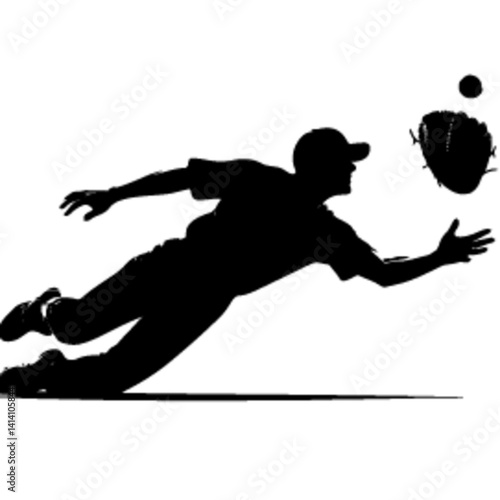 Silhouette of a fielder diving horizontally to stop the ball.
