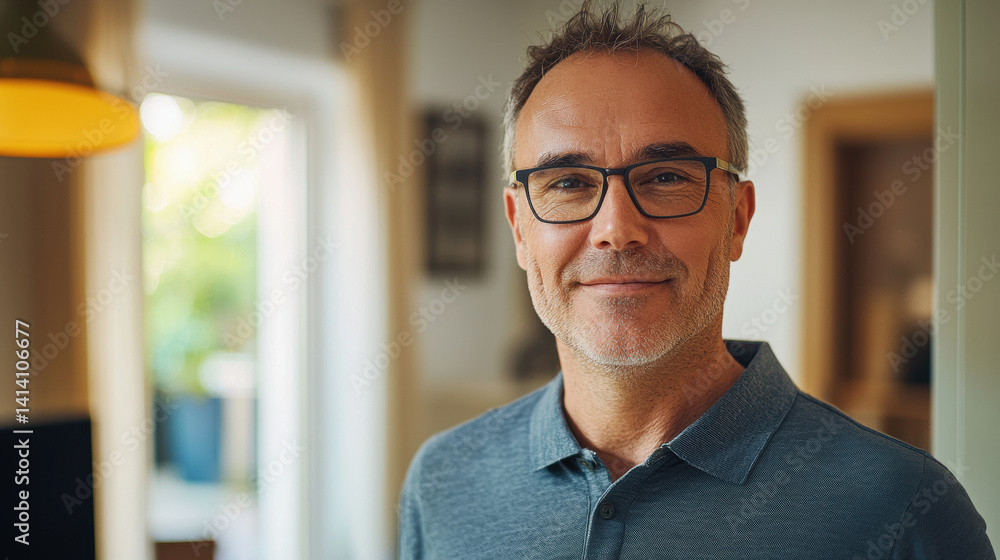 Naklejka premium Portrait of a cheerful middle-aged man with glasses, wearing a polo shirt, standing in his home office, looking warmly into the camera
