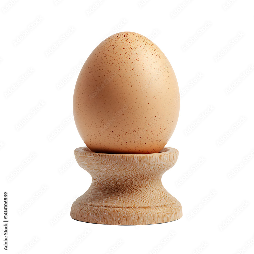 Single brown egg resting upright in a matte ceramic egg holder with soft curved pedestal shape in clean minimal presentation on a transparent background