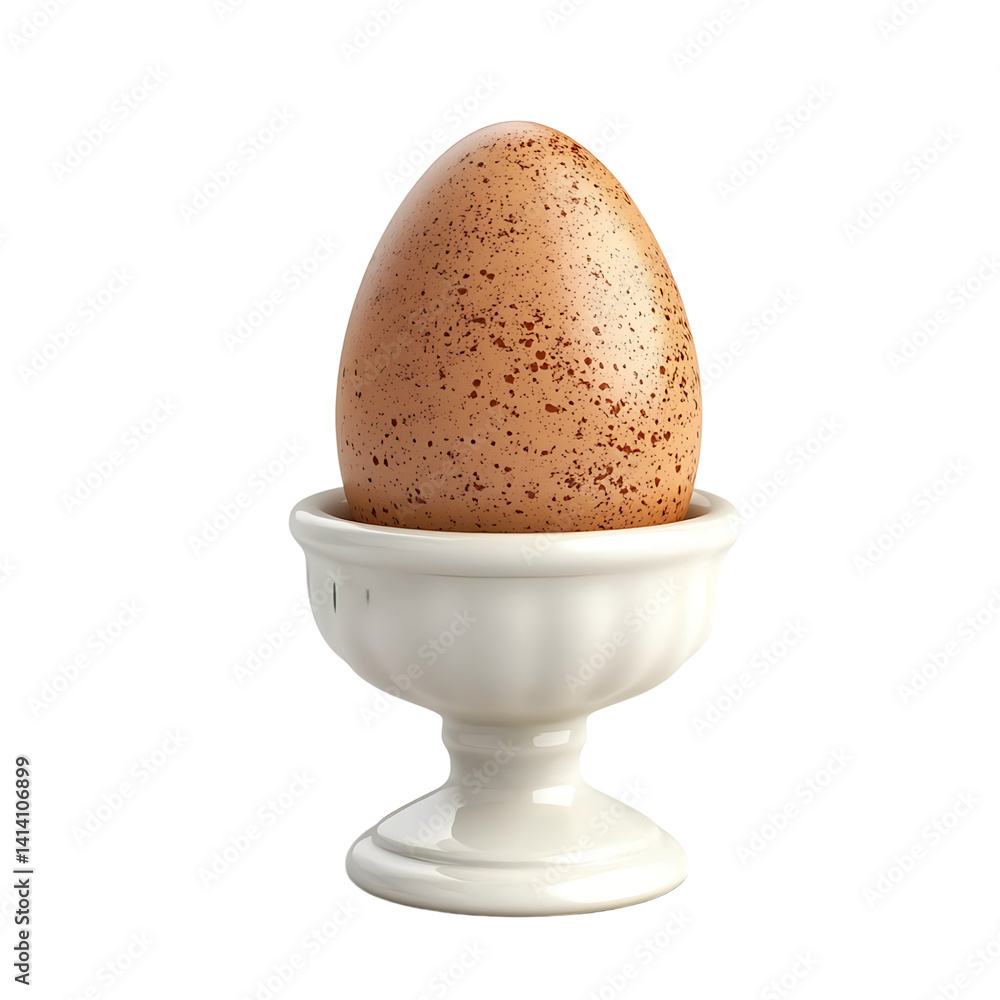 Single brown egg resting upright in a matte ceramic egg holder with soft curved pedestal shape in clean minimal presentation on a transparent background