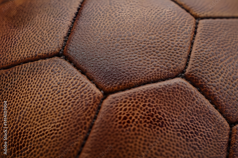 Close-up shot of football showcasing its hexagonal texture and crisp details, captured in studio lighting to highlight leather grain pattern for sport visuals, branding, or educational content