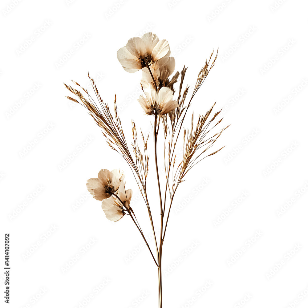 Artistic bouquet of dried wildflowers in warm tones with multiple stems and delicate petals showing natural textures and plant variety on a transparent background