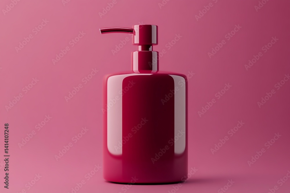 a red bottle with a soap dispenser on a pink background a red bottle with a soap dispenser on a pink background