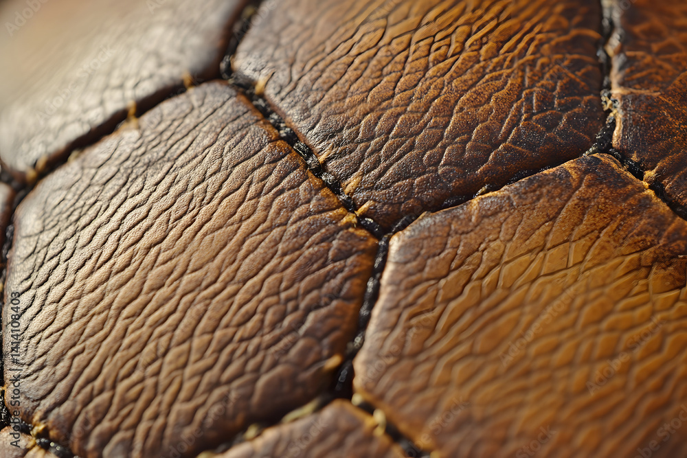 Close-up shot of football showcasing its hexagonal texture and crisp details, captured in studio lighting to highlight leather grain pattern for sport visuals, branding, or educational content