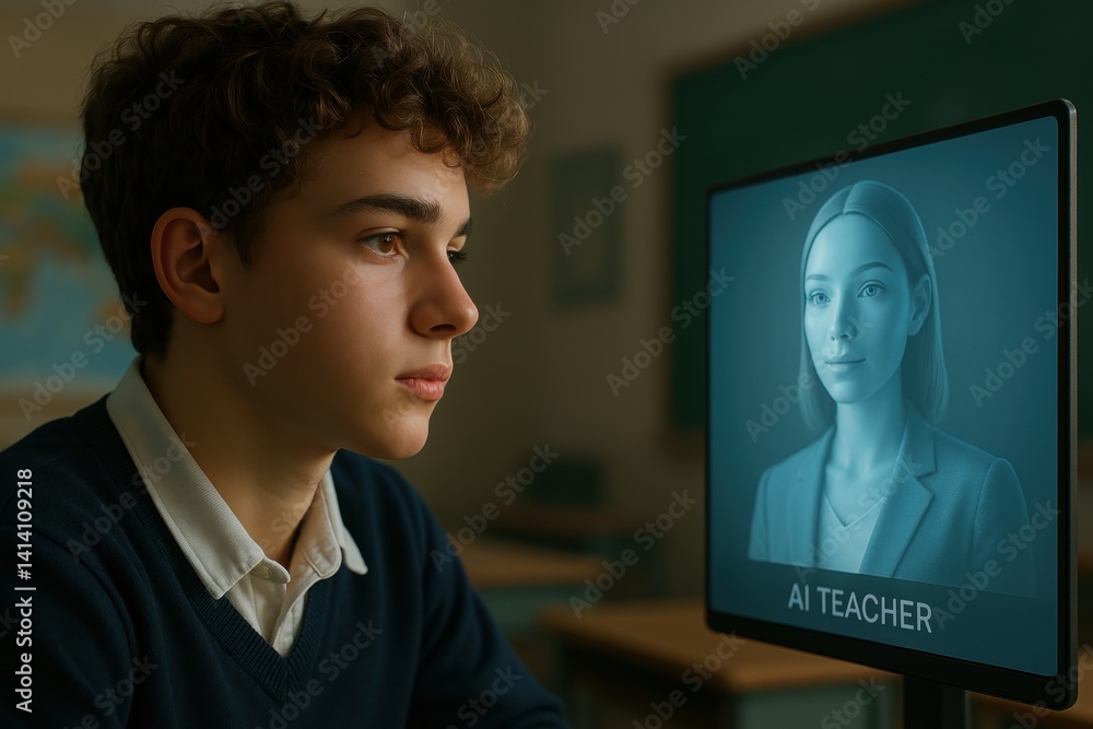 AI Tutor in Education: A student engages with an AI teacher on a screen, showcasing the futuristic blend of education and technology in the classroom. AI Tutor in Education: A student engages with an AI teacher on a screen, showcasing the futuristic blend of education and technology in the classroom.