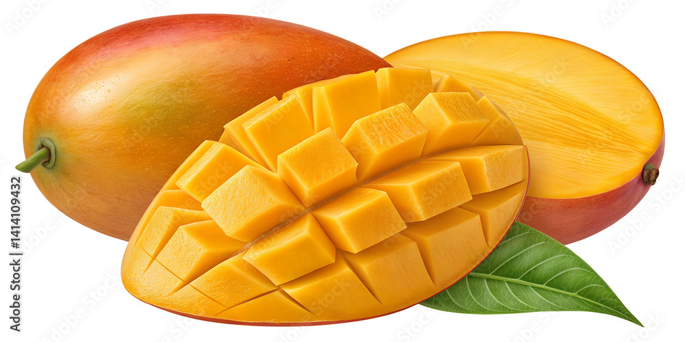 Fototapeta premium Ripe Mango with Leaf: A vibrant, juicy mango, sliced and diced, is showcased alongside a whole mango and a lush green leaf, creating a tempting still life composition.