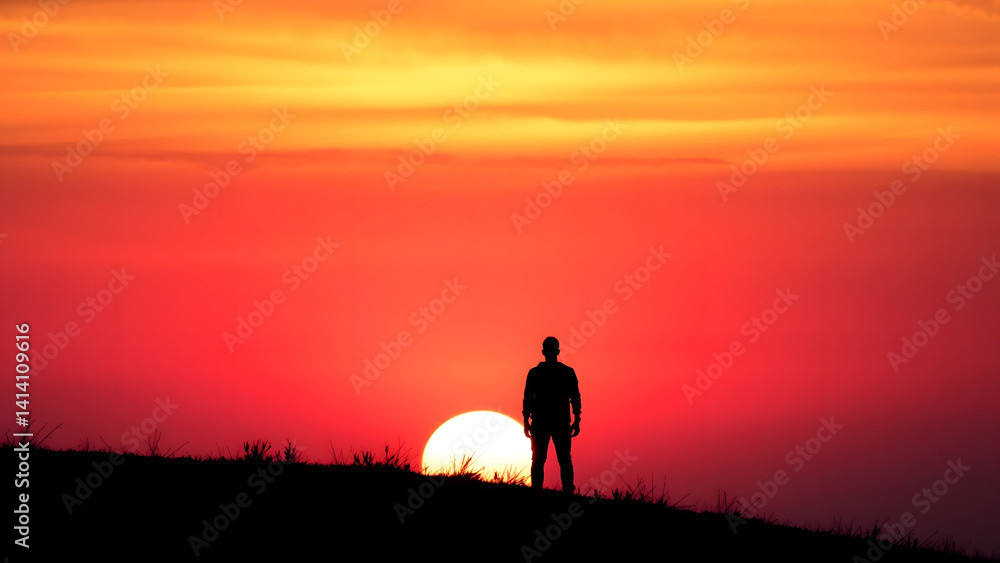Fototapeta premium Lone Human Silhouette Standing on Hill at Sunset with Dramatic Lighting and Soft Gradient Sky in 4K Cinematic Composition