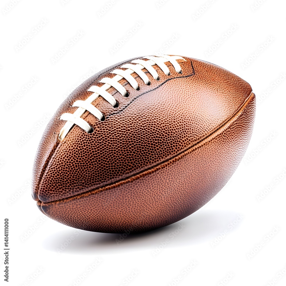 Clean white background with perfectly centered football in sharp focus, featuring soft lighting and clear leather texture, ideal for sport themes, training ads, or team-based promotional content