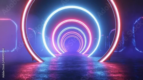 seamless loop of glowing neon tubes forming infinite tunnel with smooth camera movement. Electric blue and pink colors with atmospheric haze.