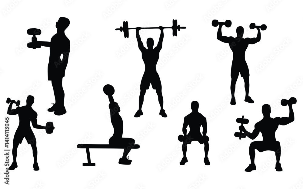Workout at gym vector silhouette set
